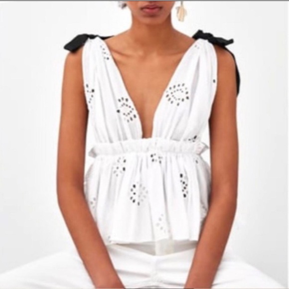 Zara Tops - Zara White Sleeveless Top with Black Accent Bows and Deep V Neck